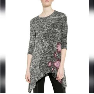 Desigual Grey & Pink Mandala Boho 3/4 Sleeve Asymmetrical Tunic Top Size S